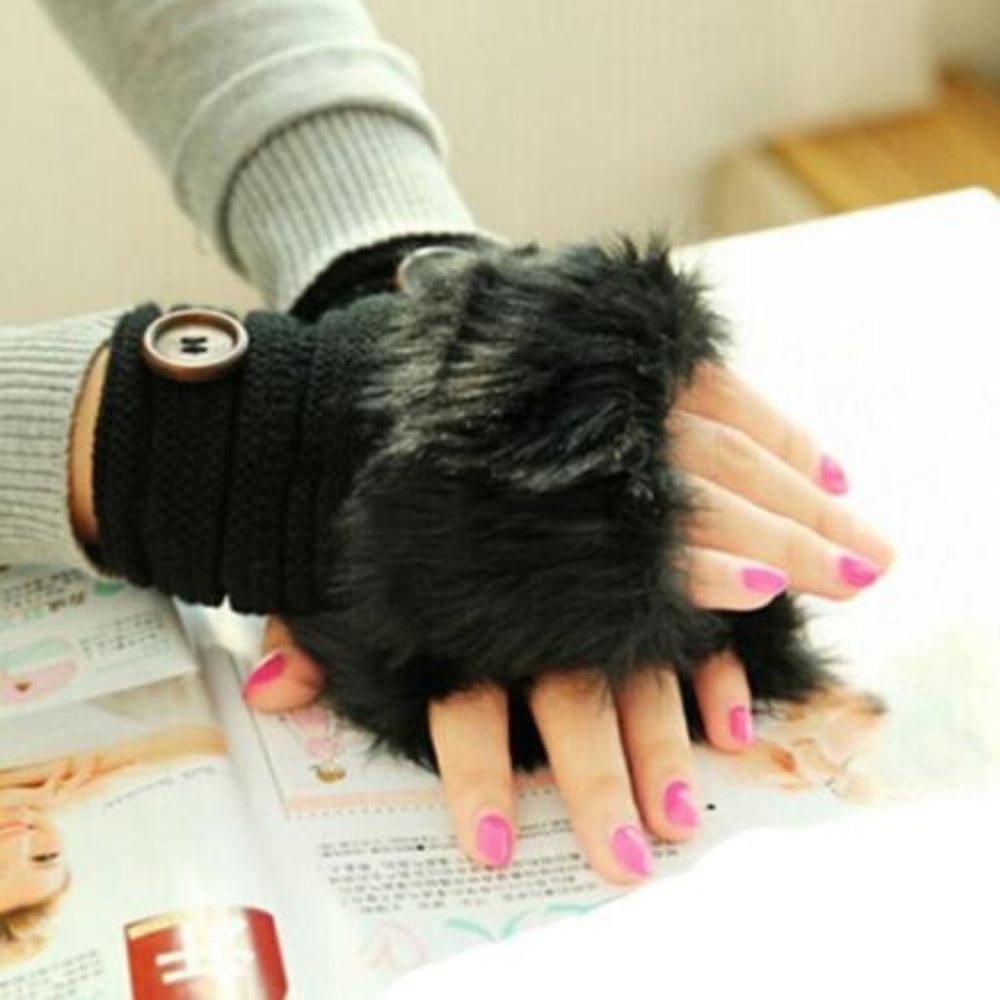 🌟Faux Fur Fingerless Knit Gloves-Black -New